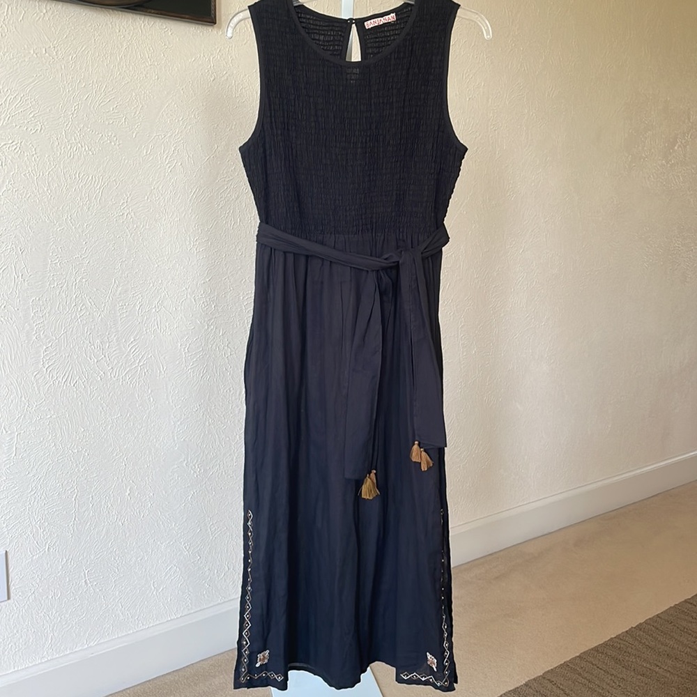 Banjanan gorgeous embroidered smocked waist tie charcoal grey dress